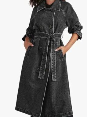 Grey/Black Denim Long Cut Buttoned Tie Belt Trench Coat Jacket